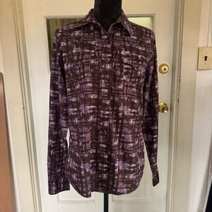 Cruel Girl western snap-button shirt in purple and brown abstract print.